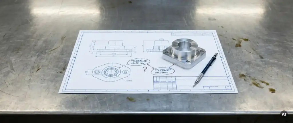 Technische Zeichnung mit Toleranzangaben auf Stahloberfläche, daneben ein gefrästes Aluminiumteil.